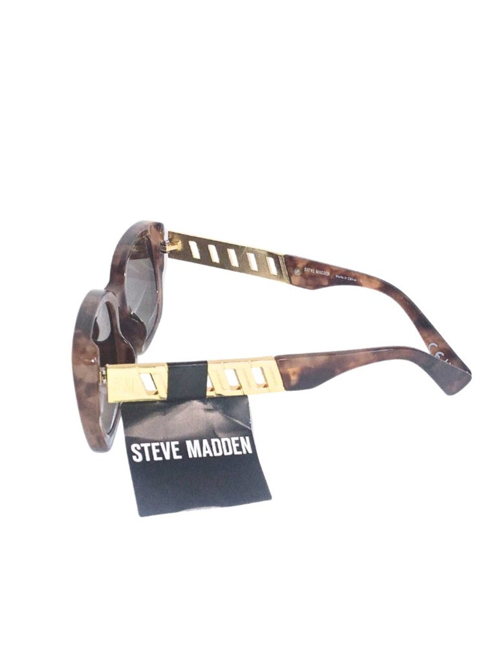 WOMEN'S STEVE MADDEN BROWN & TAN RECTANGLE FRAME SUNGLASSES W/GOLD MONOGRAM - Picture 3 of 5